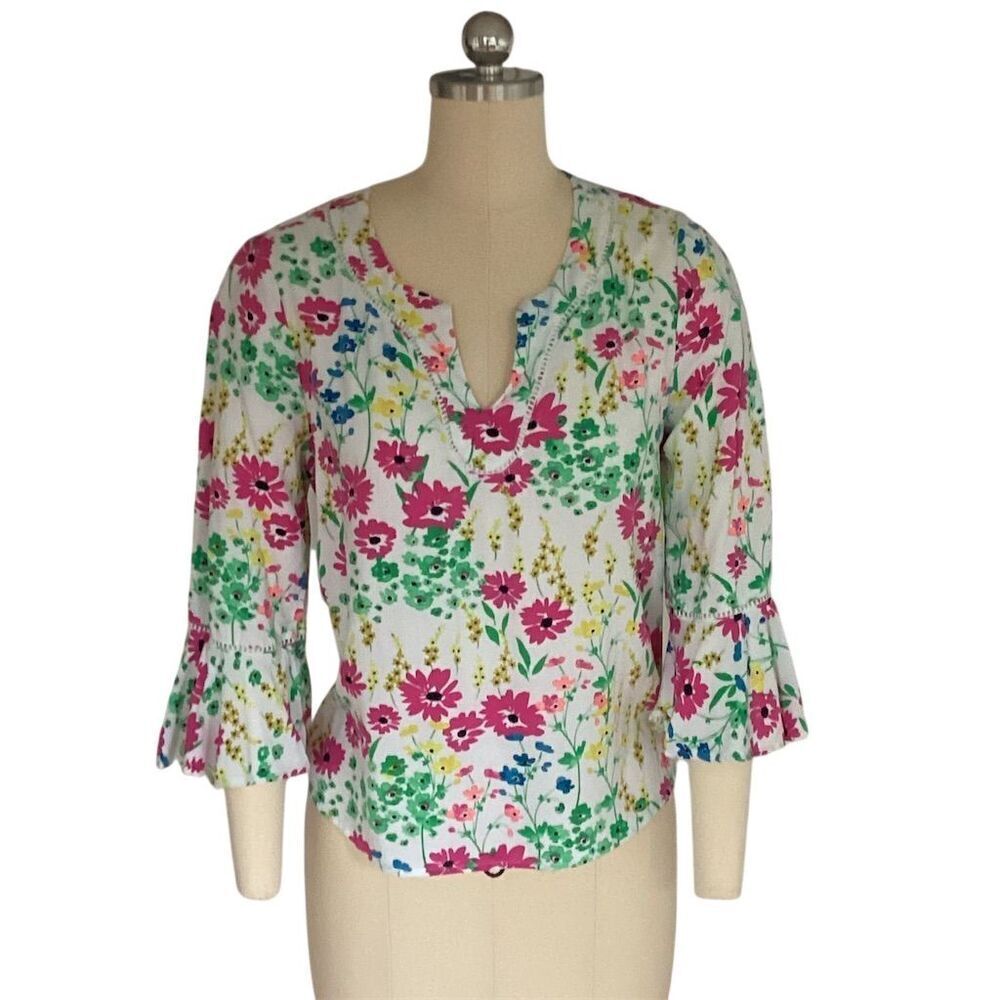 Crown & Ivy Petite Floral Bell Sleeve Blouse V-Neck Multicolor PS - Picture 2 of 8